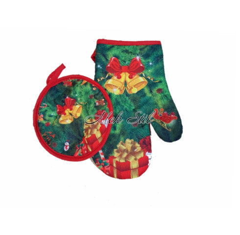 Комплект коледен текстил  ръкавица с ръкохватка - Зелена Коледа